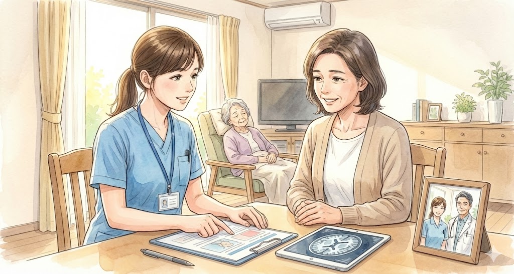 訪問看護師が家族の方と会話する様子