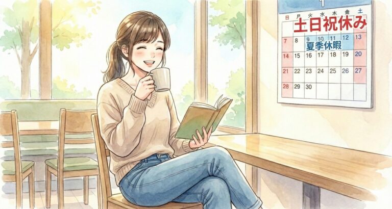 窓辺で本を読みながらお茶を飲む看護師と、壁のカレンダーに「土日祝休み」「夏季休暇」と書かれたイラスト