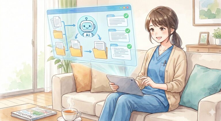 自宅のソファでタブレットを手に、画面にAIが記録を作っている様子が浮かぶイラスト