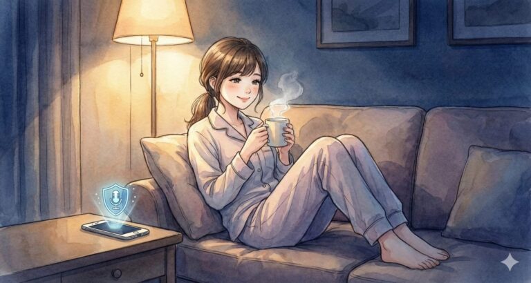 夜、ソファでお茶を飲んでくつろぐ看護師と、そばに置いたスマートフォンのイラスト