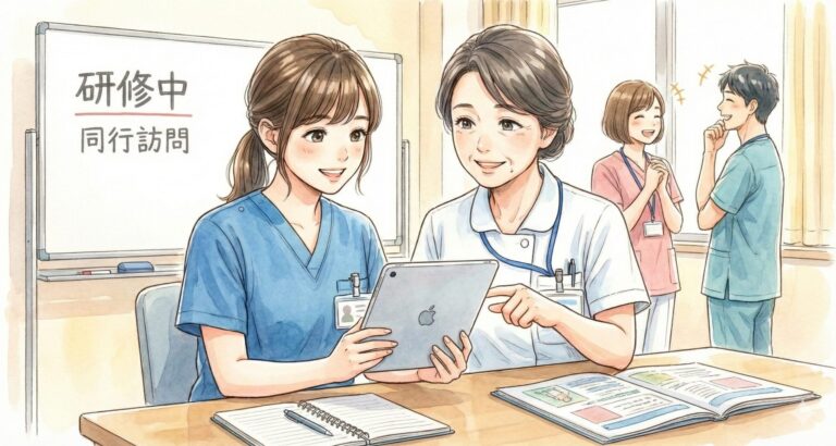 入職後の研修で、先輩の看護師とタブレットを見ながら同行訪問の打ち合わせをする様子。ホワイトボードに「研修中」「同行訪問」と書かれたイラスト