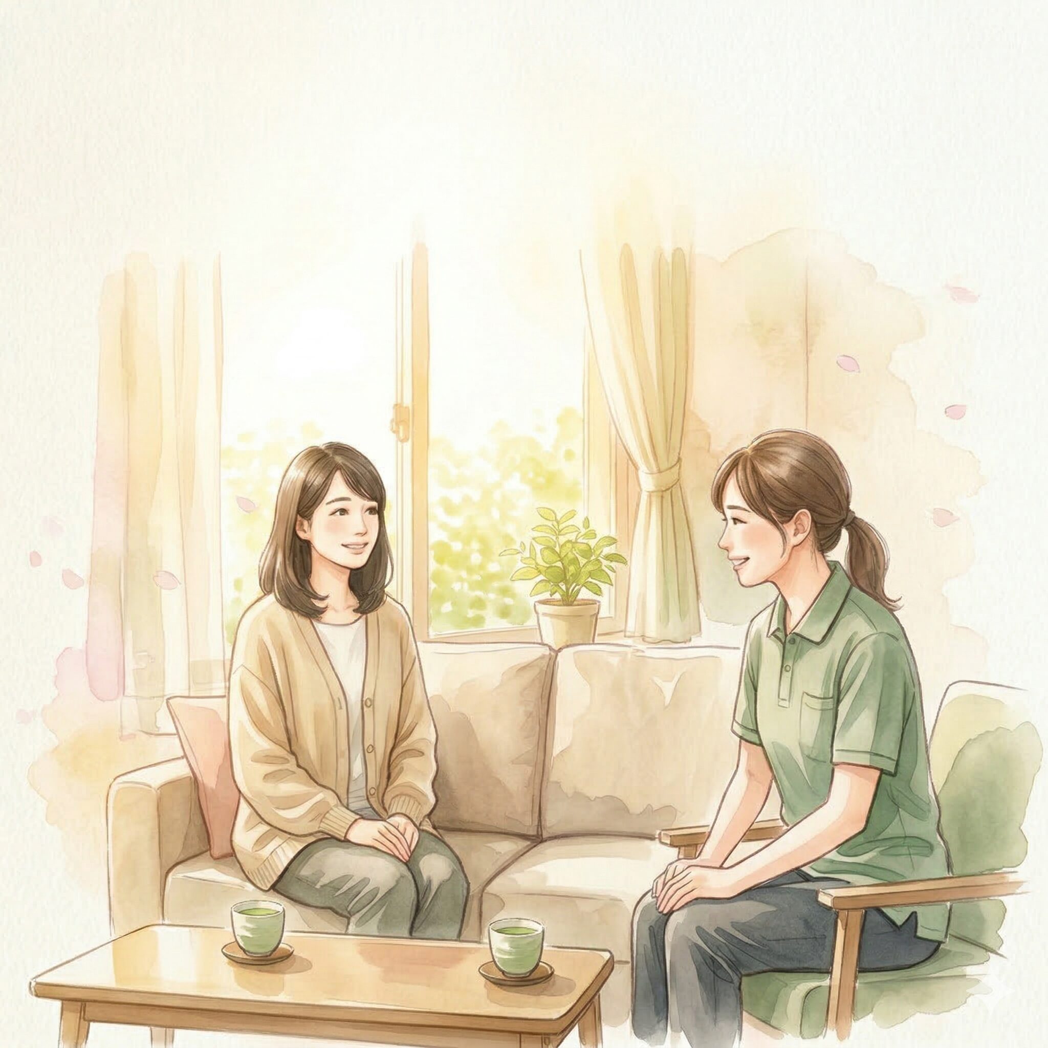 訪問看護の温かい水彩画イラスト