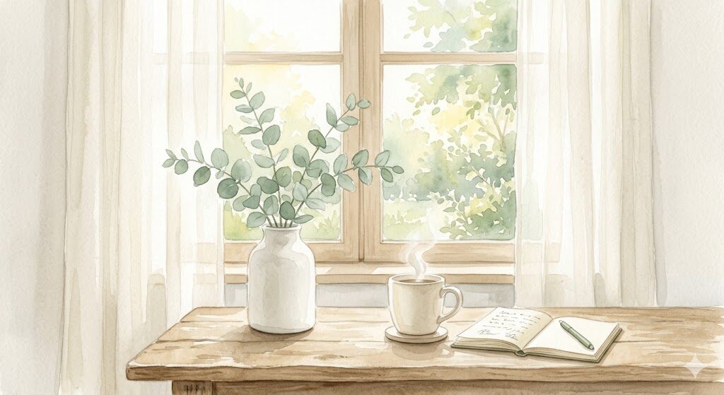 双極性障害の訪問看護｜窓辺のユーカリと木のテーブルとマグカップの水彩画イラスト