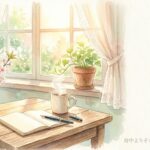 うつ病の訪問看護｜窓辺のマグカップと桜の水彩画アイキャッチ