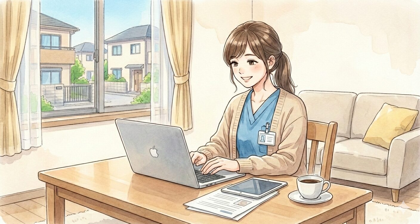 記録に向き合う看護師（水彩イメージ）