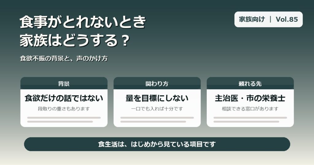 食事がとれないとき、家族はどうする? 背景・関わり方・頼れる先の3点をまとめた図