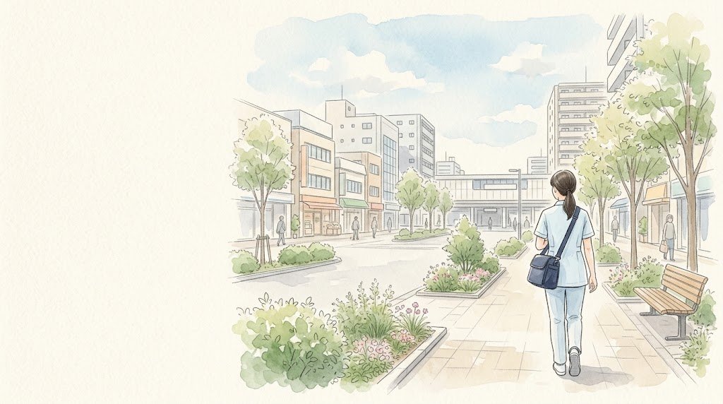 国分寺駅北口の駅前を歩く訪問看護師（イメージイラスト）