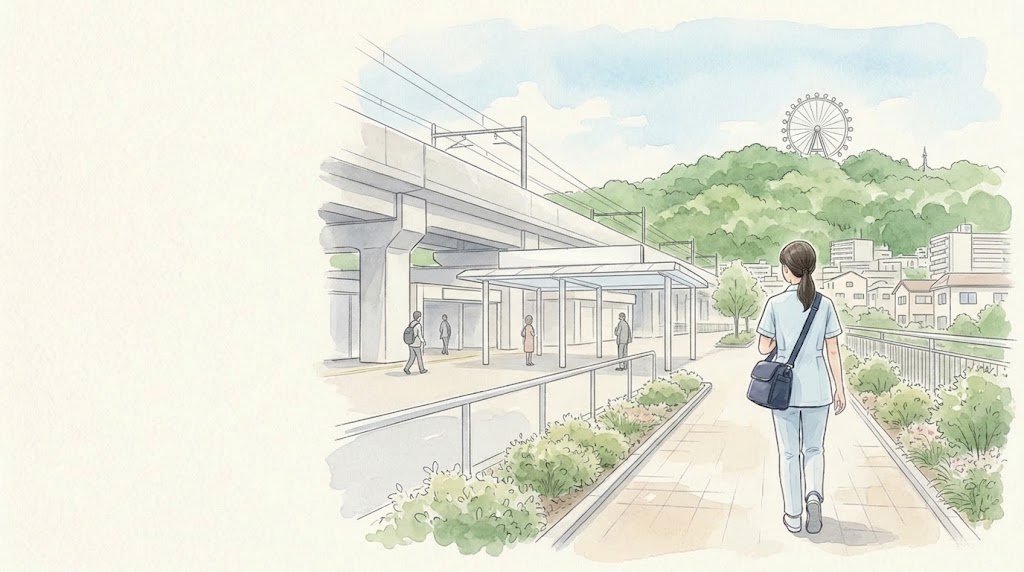 京王よみうりランド駅前を歩く訪問看護師（イメージイラスト）