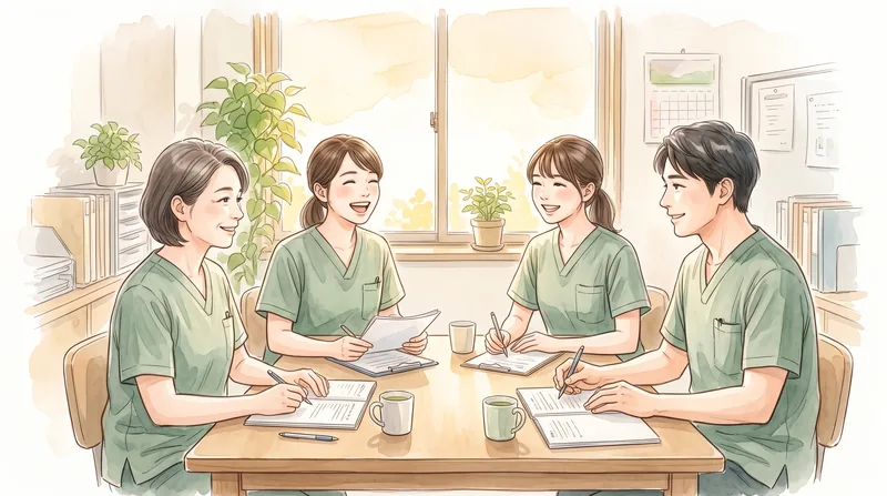 事務所の木の机を囲み、朝の打ち合わせで笑い合う職員たちの水彩イラスト
