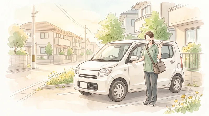 晴れた朝の駐車場で、社用車のそばから笑顔で手を振る看護師の水彩イラスト