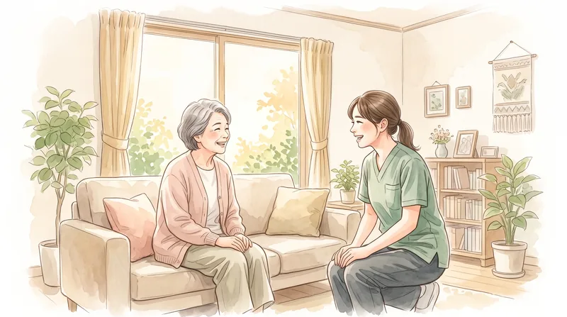 明るい居間で、看護師と利用者さんが向き合って笑い合う水彩イラスト