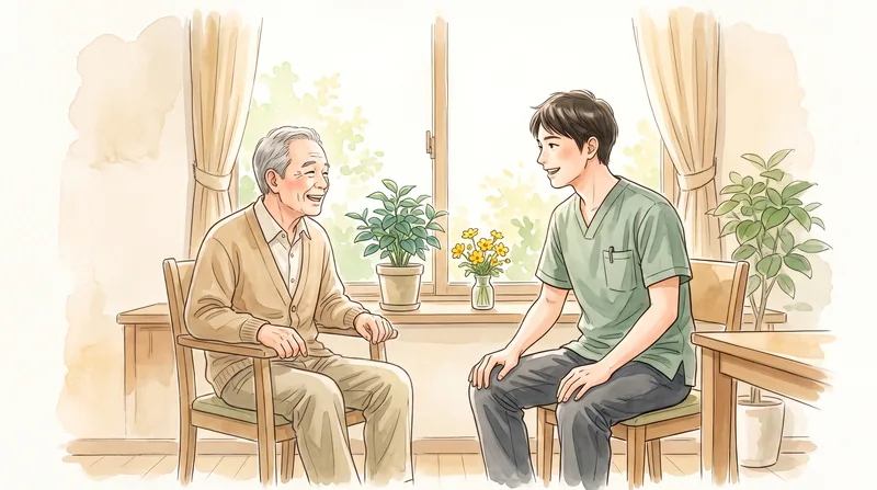窓辺の居間で、作業療法士と利用者さんが鉢植えの前で笑顔で話す水彩イラスト