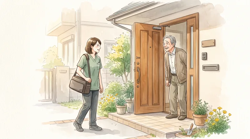 玄関先で、看護師が笑顔であいさつし、利用者さんが笑顔で迎える水彩イラスト