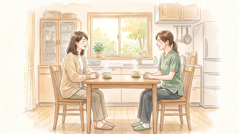 台所の食卓で、作業療法士と利用者さんがお茶を前に笑顔で話す水彩イラスト