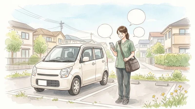 駐車場の社用車の横で、看護師がスマートフォンを見てほっと笑う水彩イラスト