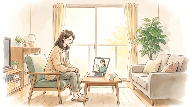 自宅の居間でノートパソコンに向かい、画面の中の職員とオンラインで話す水彩イラスト